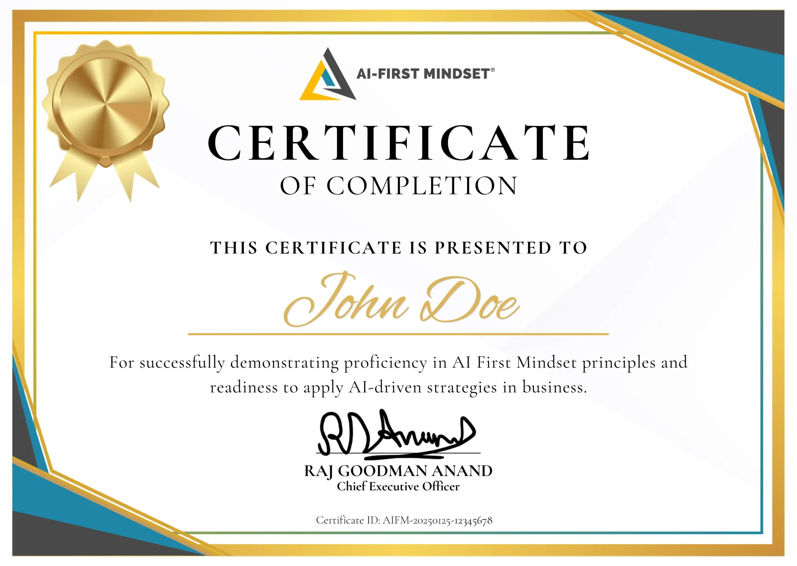 AI First Mindset certificate awarded to John Doe