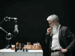 Man playing chess with AI robot
