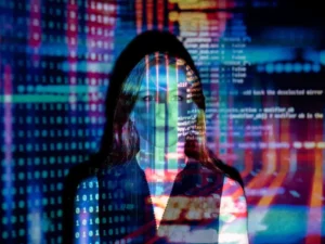 Woman with AI code projections on face