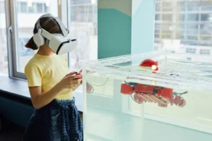 Girl using VR headset to control underwater AI robot
