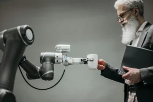 AI robot arm handing coffee cup to man
