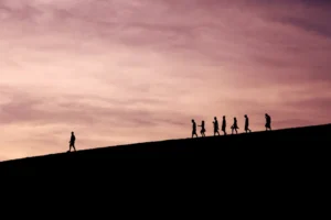 C-suite leadership team walking together up a slope at sunset representing the shared journey of AI-driven organizational transformation.