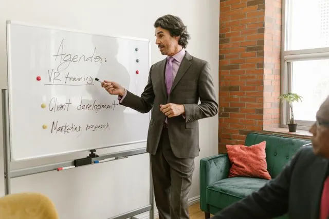 Business executive leading a workforce training session using office whiteboard
